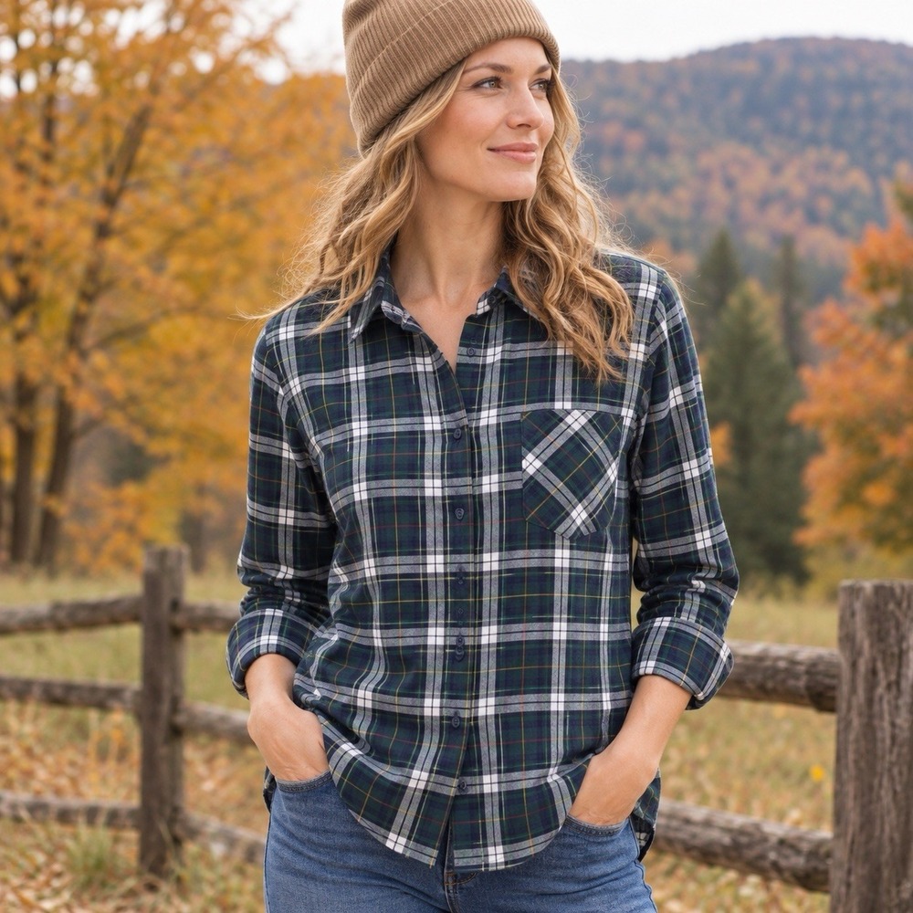 Orvis Womens Size 8 Green Navy Plaid Button Down Shirt Cotton Blend Preppy EUC